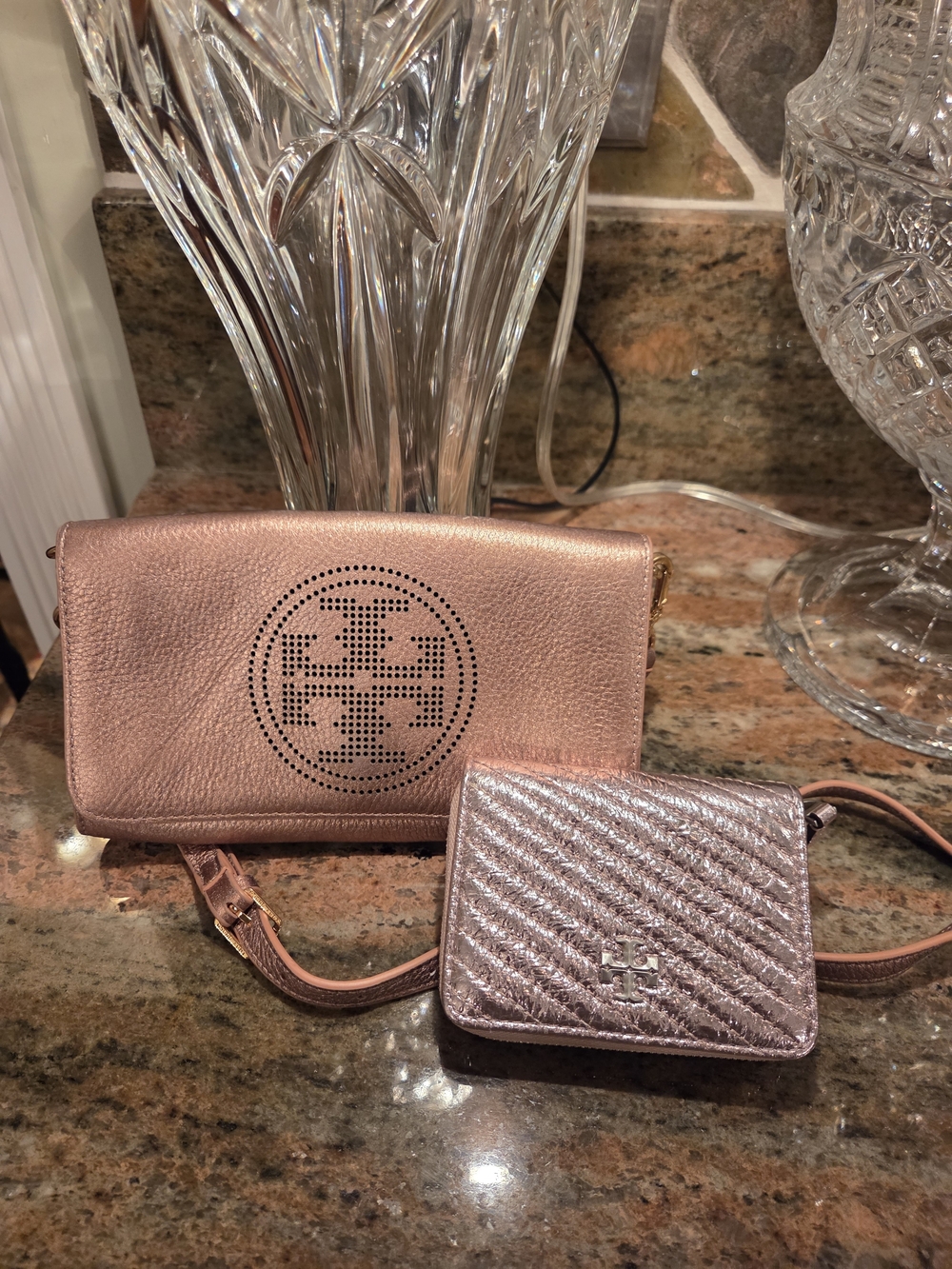 Tory Burch Rose Gold Leather Crossbody Bag And Wallett